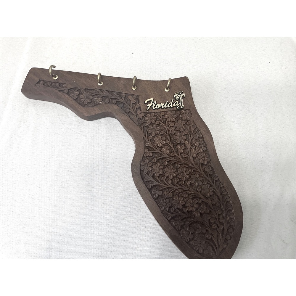 Vintage FL State Shaped Hand Carved Wood Key Holder Wall Decor 4 Hooks India